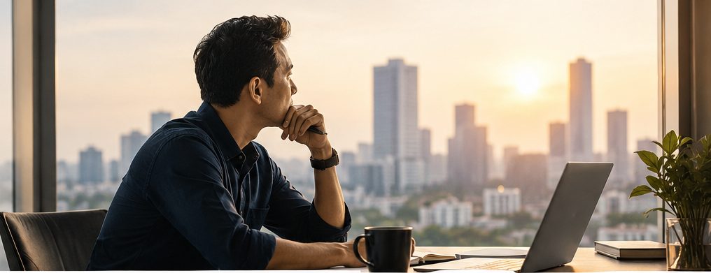 A founder pausing to think, looking out over the city skyline