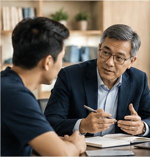A senior advisor discussing strategy with a young founder